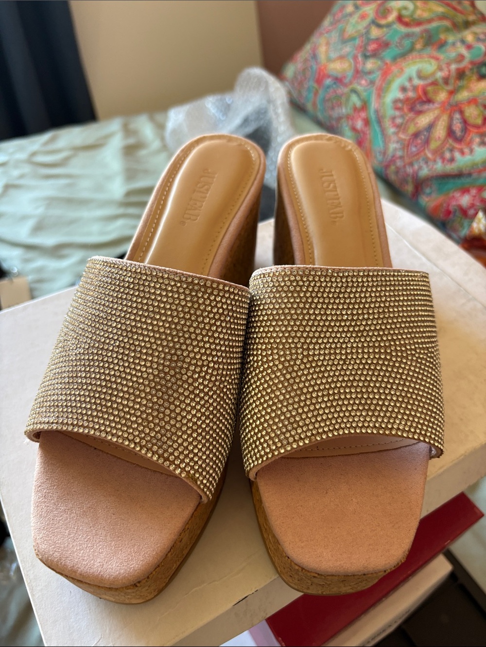 JustFab Gold Crystal Wide-Band Wedge Sandals